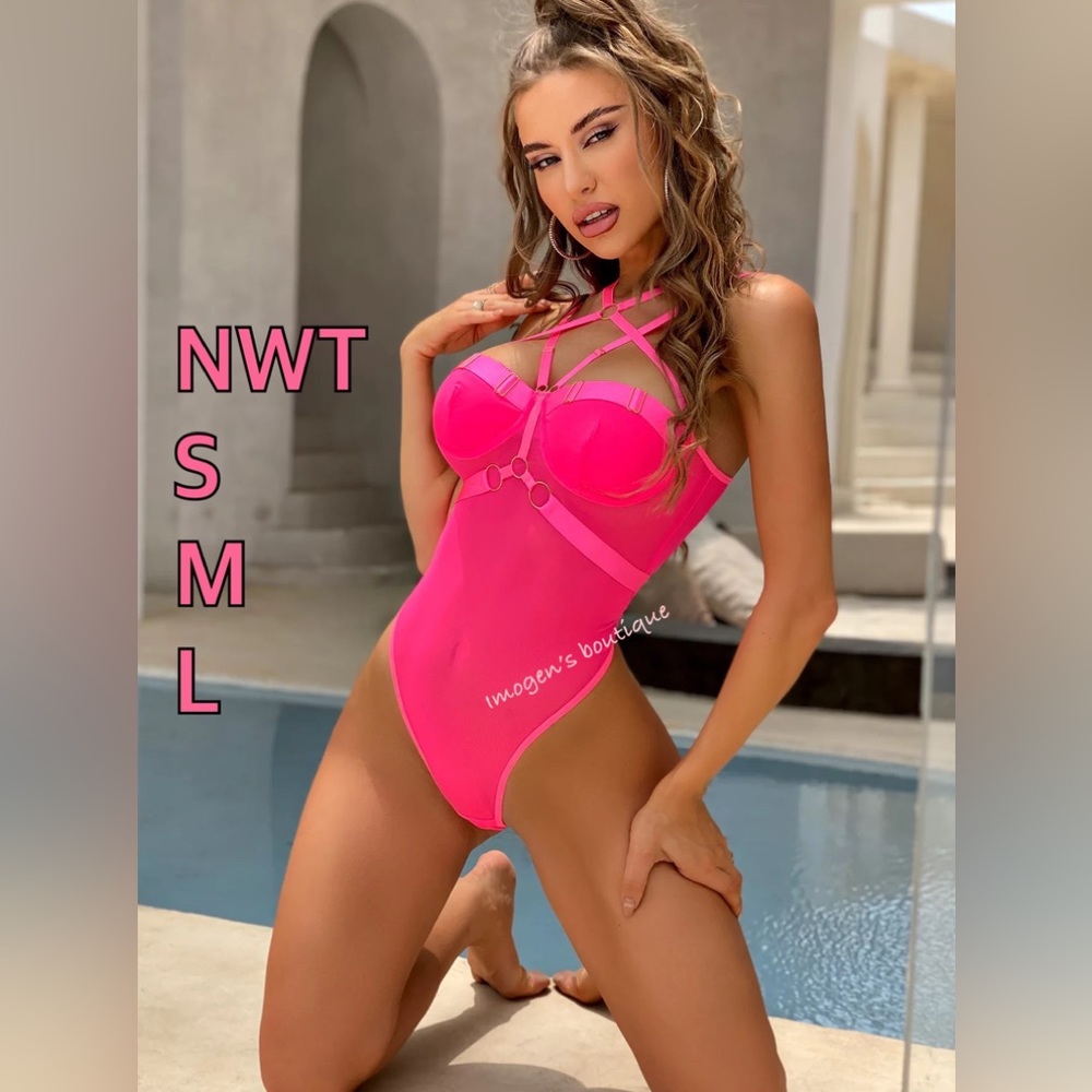 NWT hot neon pink body chain sexy bodysuit mesh silk y hoop bondage various size